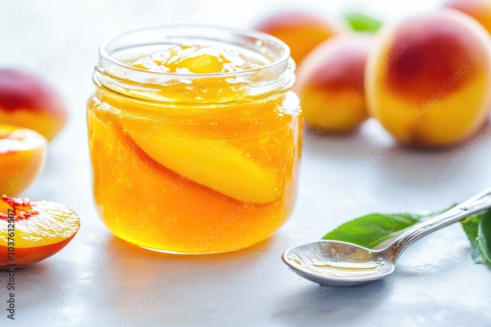 Fresh Peach Jelly in a Jar Close-Up Fresh Peach Jelly in a Jar Close-Up