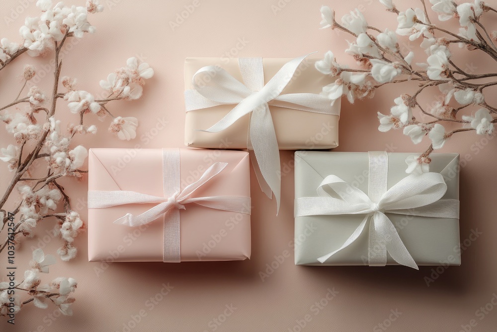 Elegant Gifts with Pastel Wrapping and White Ribbon Amidst Delicate Flowers Elegant Gifts with Pastel Wrapping and White Ribbon Amidst Delicate Flowers