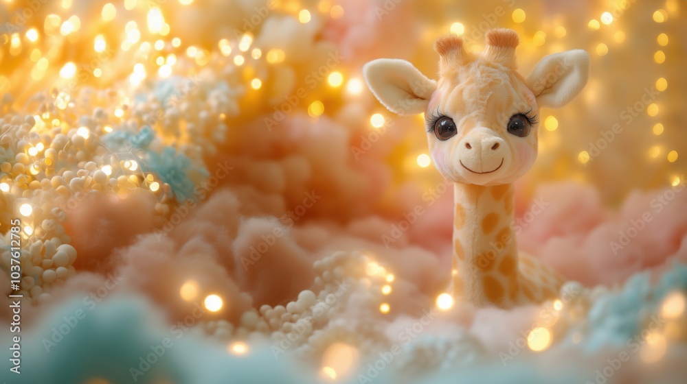 A whimsical plush giraffe toy gazing at the soft pastel skies and twinkling stars in a dreamy setting A whimsical plush giraffe toy gazing at the soft pastel skies and twinkling stars in a dreamy setting