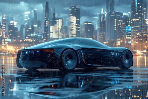 Futuristic Electric Car in Rainy Urban Nightscape