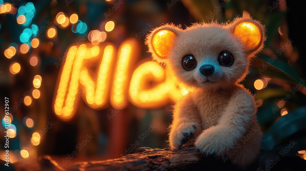 A plush kinkajou toy perched on a sparkling branch surrounded by glowing tropical plants in a serene nighttime setting A plush kinkajou toy perched on a sparkling branch surrounded by glowing tropical plants in a serene nighttime setting
