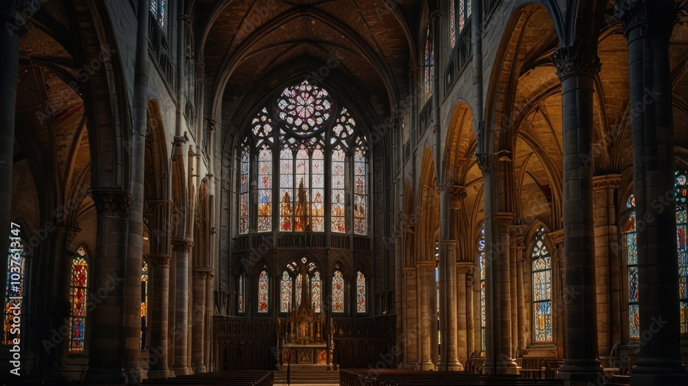 The interior of a grand church, bathed in the warm light of stained glass windows. Sunlight streams through the arches and illuminates the stone pillars and the altar at the end of the aisle. The interior of a grand church, bathed in the warm light of stained glass windows. Sunlight streams through the arches and illuminates the stone pillars and the altar at the end of the aisle.