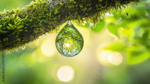 A close-up of a water droplet hanging from a moss-covered branch, reflecting greenery.