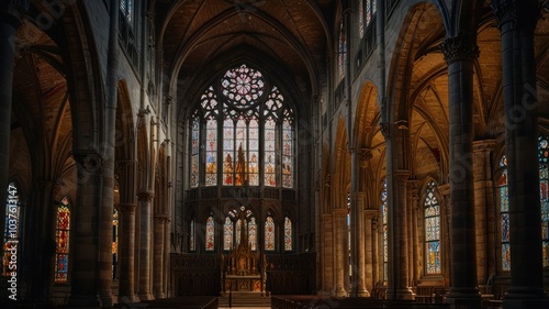 The interior of a grand church, bathed in the warm light of stained glass windows. Sunlight streams through the arches and illuminates the stone pillars and the altar at the end of the aisle.