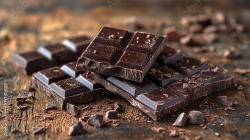 Decadent dark chocolate bars stacked on rustic wood background