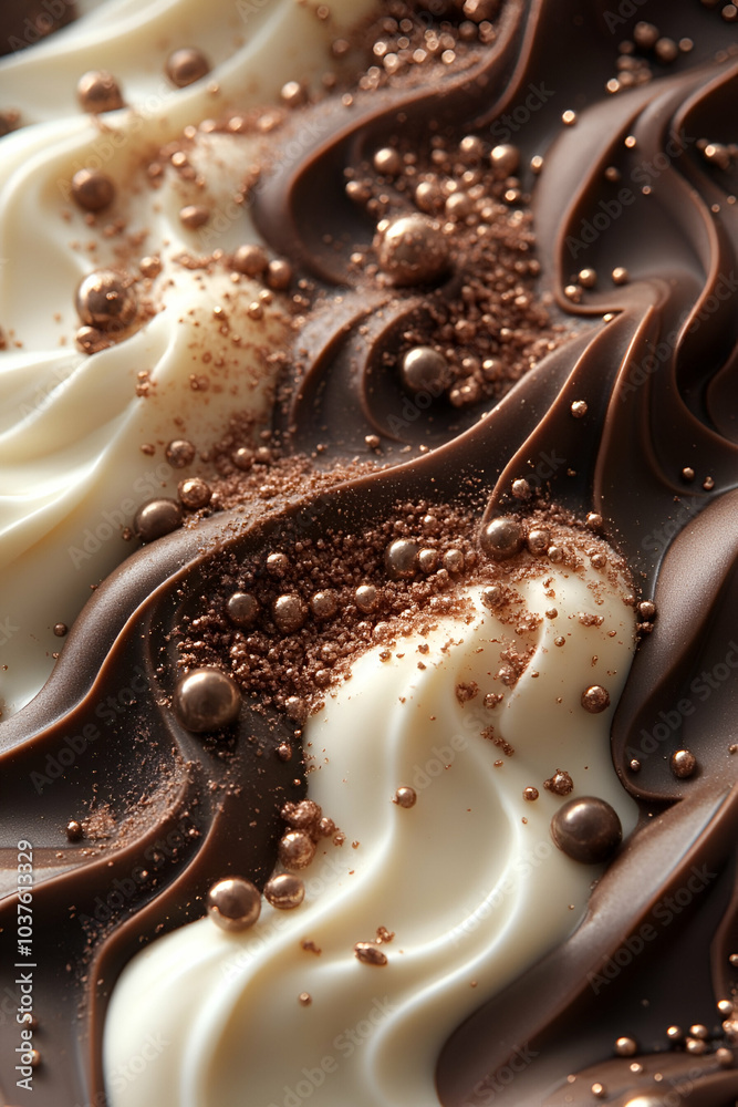 Swirls of smooth chocolate and creamy frosting are adorned with glistening chocolate pearls and sprinkles, creating an enticing dessert texture. Swirls of smooth chocolate and creamy frosting are adorned with glistening chocolate pearls and sprinkles, creating an enticing dessert texture.