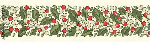 Nostalgic holly garland vector seamless horizontal border in traditional Christmas colors. Festive Victorian evergreen design with hand-drawn vintage winter holiday foliage and berries