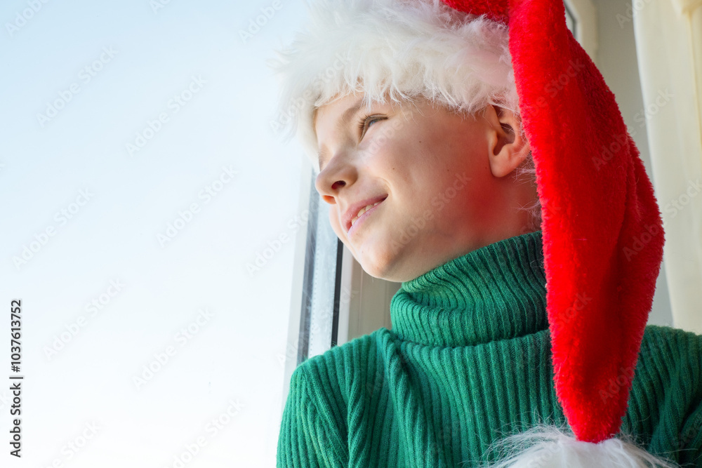 Children's dreams concept. Friendship. A lonely little boy in a Santa Claus hat is sad at the window waiting for gifts, looking out the window, the child is waiting for Santa Claus. The baby is