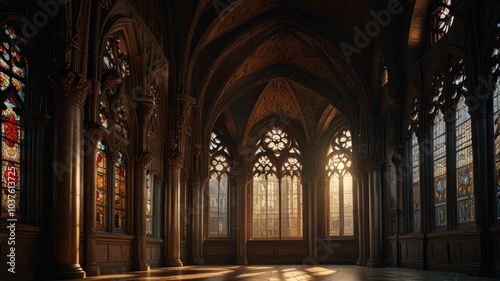 Sunlight streams through stained glass windows in a gothic cathedral, illuminating the stone walls and vaulted ceiling.