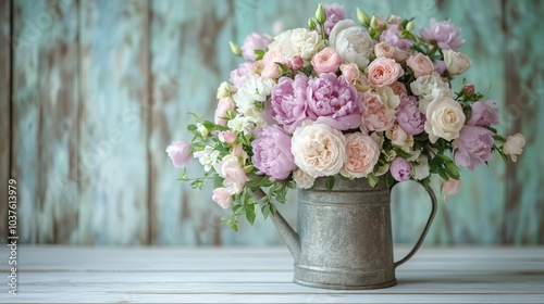 A charming vintage watering can overflowing with a romantic bouquet of lavender roses, white gardenias, and soft pink peonies on a rustic table