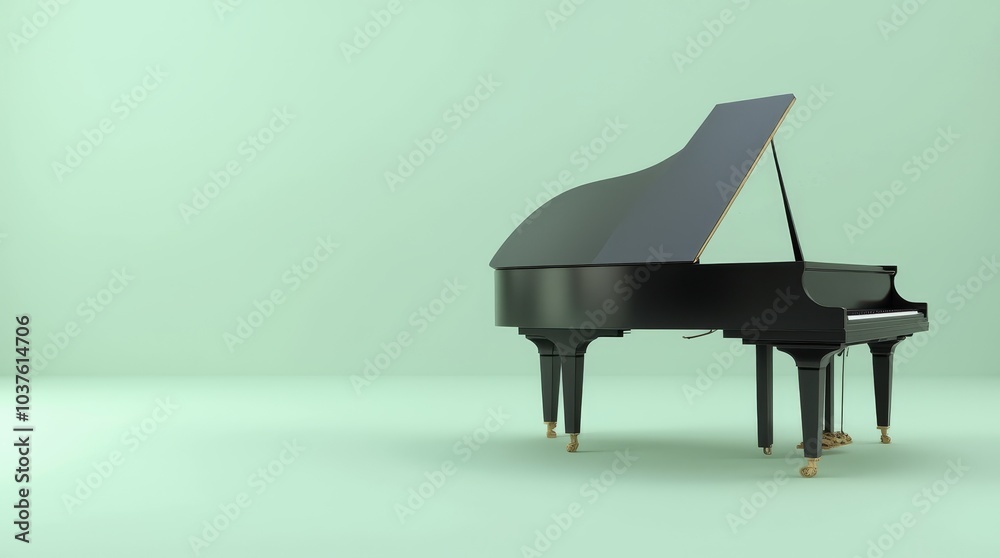 Elegant grand piano with a simple bench in a minimalist setting on a green background Elegant grand piano with a simple bench in a minimalist setting on a green background