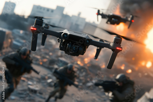 swarm of military drones flying over a war-torn cityscape, chaos below as soldiers navigate through the ruins.
