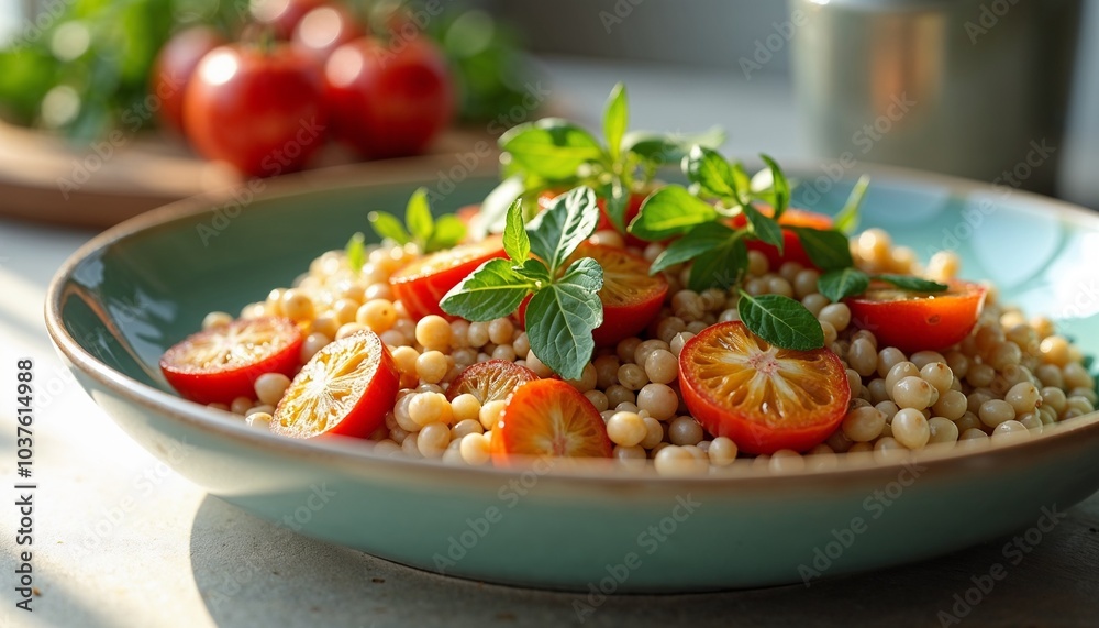 Pearl couscous salad with cherry tomatoes and basil on a plate Pearl couscous salad with cherry tomatoes and basil on a plate