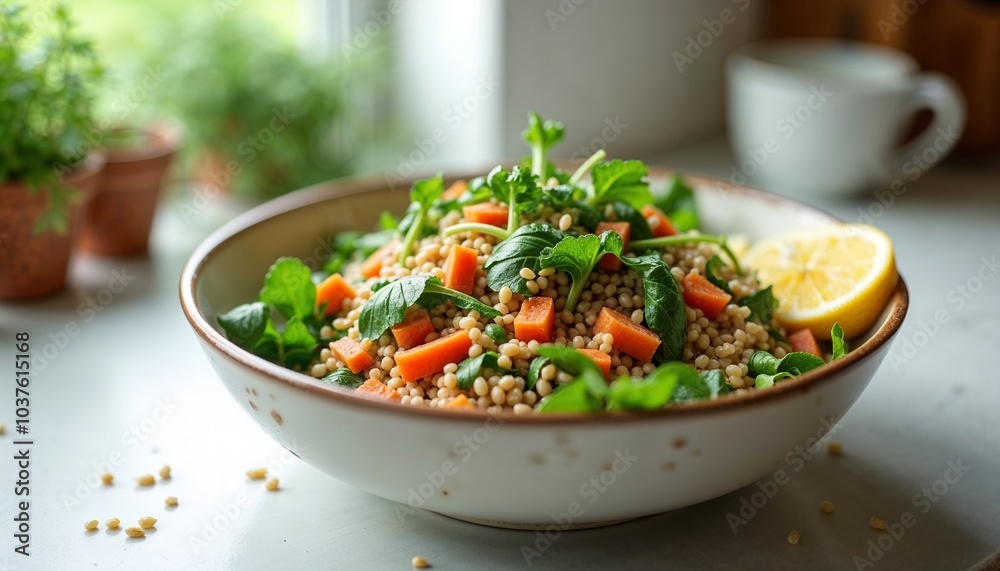 Fresh millet salad with vegetables and herbs in a bowl Fresh millet salad with vegetables and herbs in a bowl