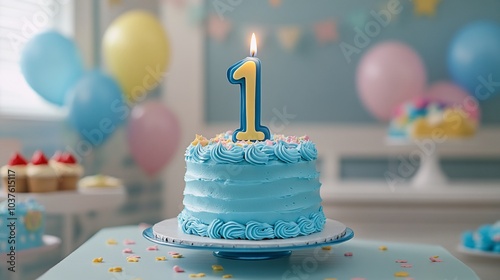 A blue frosted cake with a lit number one candle on a cake stand surrounded by decorations at a baby shower or first birthday party. photo