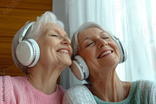 A lively, hip senior woman with silver hair, listening to music through large vintage-style headphones, smiling warmly. photo