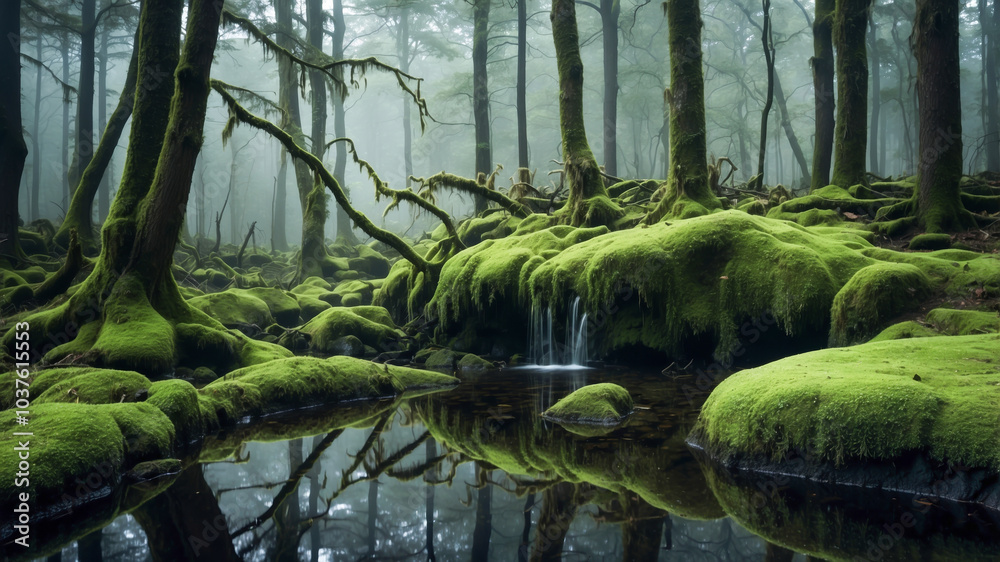 Fototapeta premium forest with moss on a foggy morning in the woods