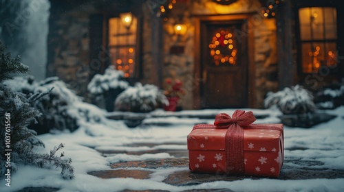 A quaint winter cabin adorned for the holidays with a festive gift on the doorstep covered in fresh snow