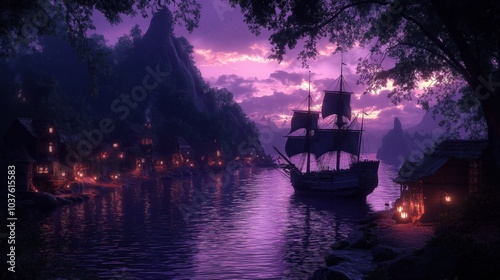 Wallpaper Mural A tranquil twilight harbor with a majestic ship anchored beneath a starry sky surrounded by lush forests and towering cliffs Torontodigital.ca