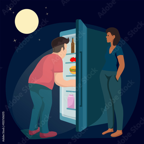 Illustration of a late night snack in the kitchen in the dark, an open refrigerator and a woman waiting with an evil face.