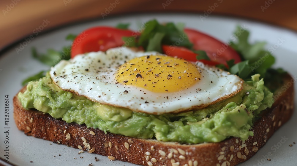 Delicious avocado toast with fried egg and fresh vegetables Delicious avocado toast with fried egg and fresh vegetables