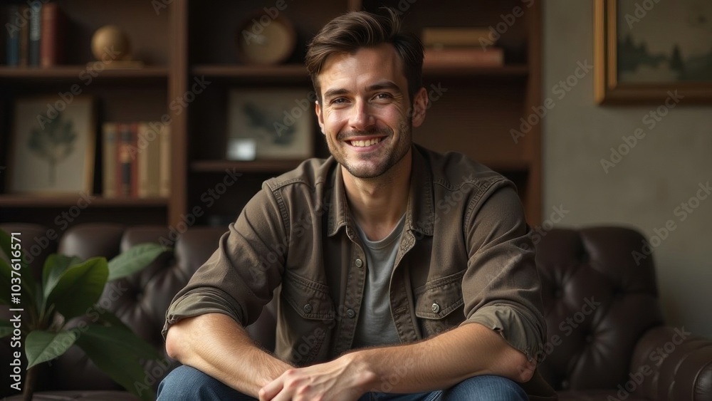 Happy young man smiling while sitting in leather armchair Happy young man smiling while sitting in leather armchair