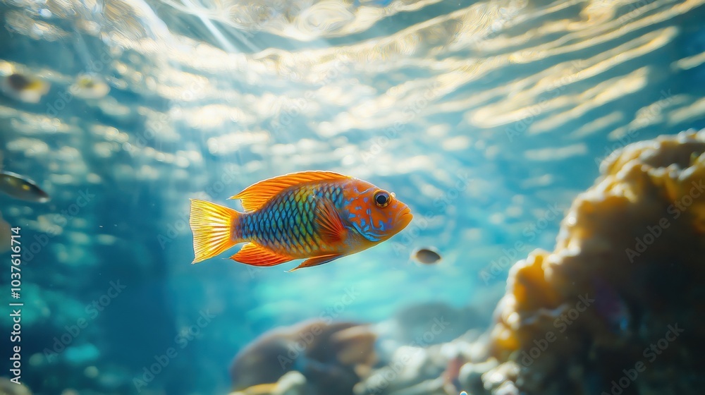 A vibrant fish with orange and blue scales swimming gracefully in a clear ocean. A vibrant fish with orange and blue scales swimming gracefully in a clear ocean.