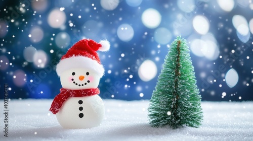 Smiling Snowman and Christmas Tree in Snowy Landscape