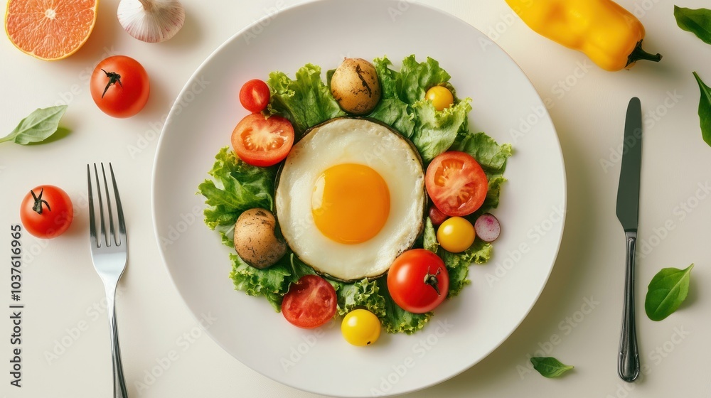 Fried Egg with Colorful Vegetables on a White Plate Fried Egg with Colorful Vegetables on a White Plate