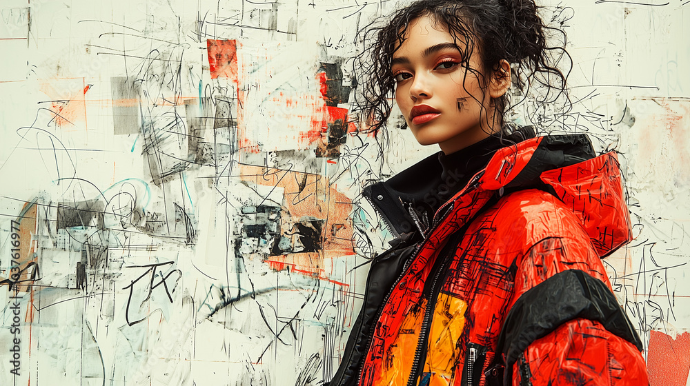 Naklejka premium Urban Fashion: Woman in Red Jacket Posing Against Graffiti Wall