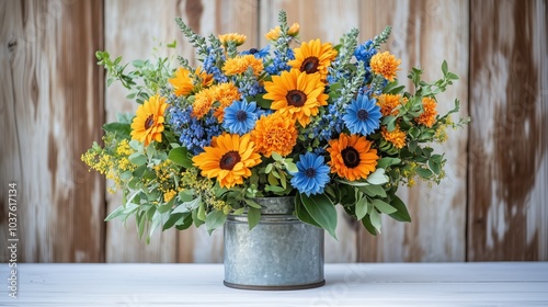 Wallpaper Mural A vibrant arrangement of sunflowers and gerbera daisies in a rustic pitcher on a white table Torontodigital.ca