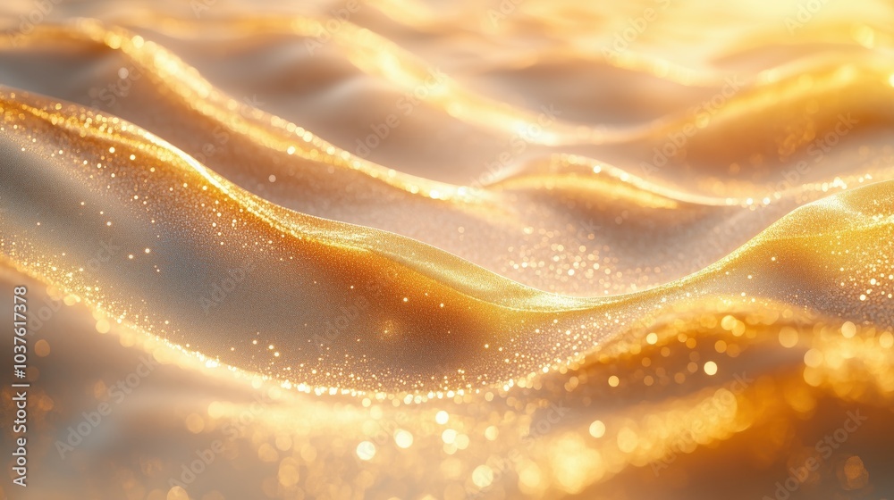 Gentle undulations of champagne beige sand dunes illuminated by a warm golden glow at sunset create a serene desert landscape