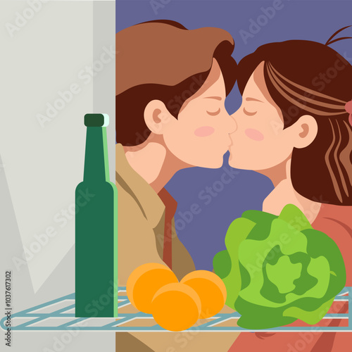A couple in love kissing next to an open refrigerator. Bottle with oranges and cabbage inside the refrigerator.