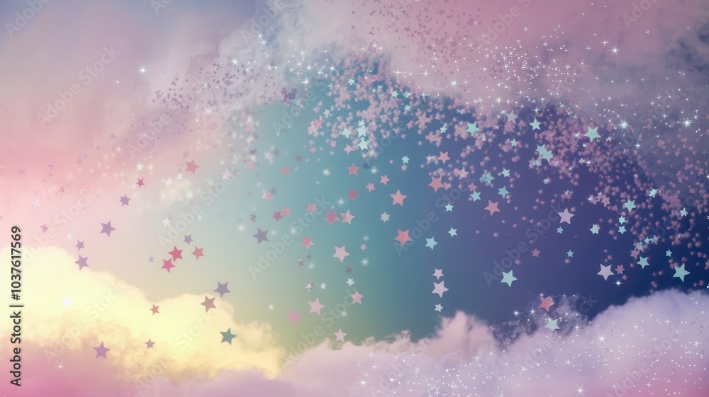 Fototapeta premium Colorful whimsical scene with pastel clouds, rainbow, and magical creatures