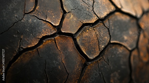 A close-up view of a cracked surface with intricate patterns and earthy tones.