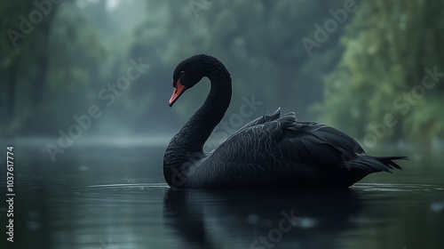 Black Swan Realistic Depiction with Intricate Feather and Water Detail Image