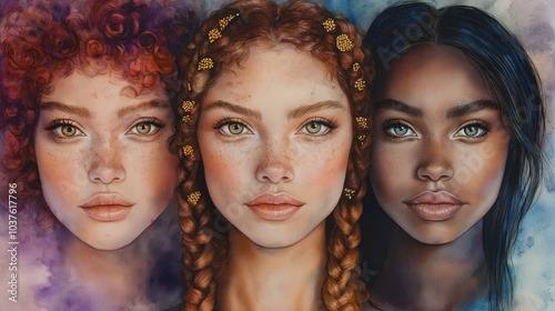 Watercolor portrait of three diverse women showcasing unique hairstyles and expressions against a serene pastel background