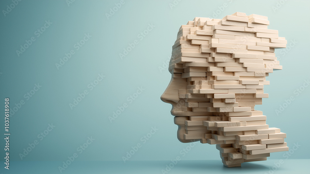 Head figure made of scattered wood blocks against blue background, mental health awareness, copy space Head figure made of scattered wood blocks against blue background, mental health awareness, copy space