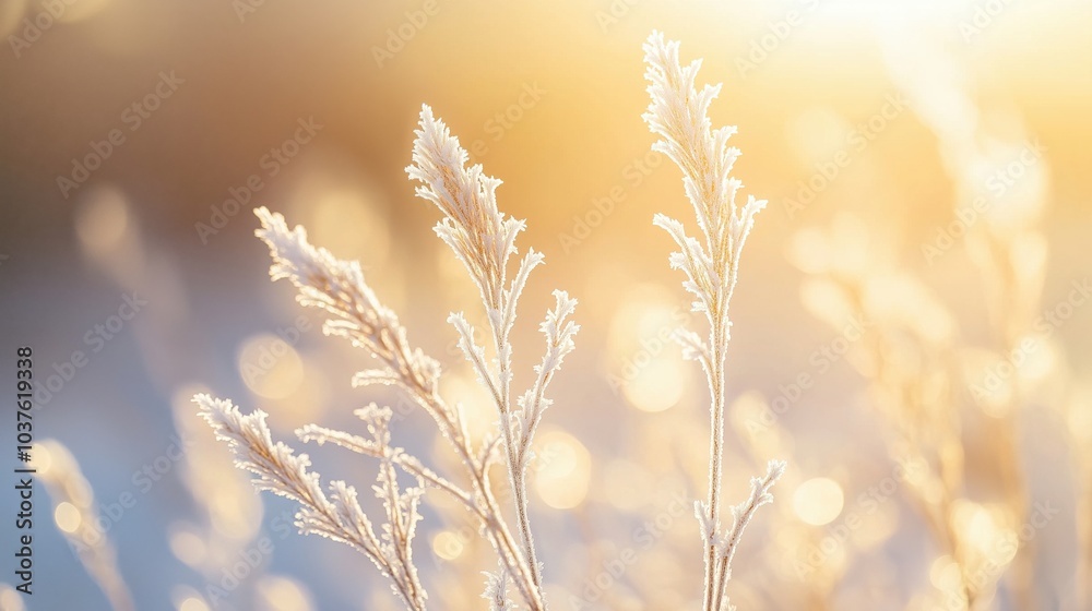 Obraz premium Delicate frost-covered grass illuminated by warm sunlight in a serene winter landscape.