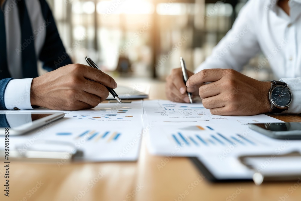 Two professionals in business attire engaged in analyzing financial graphs, demonstrating teamwork and decision-making in a focused corporate setting.