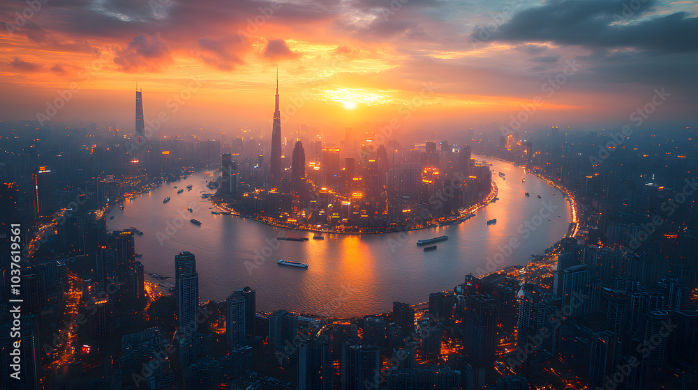 Fototapeta premium Golden Skyline: Sunset Over a Majestic Cityscape Along the River