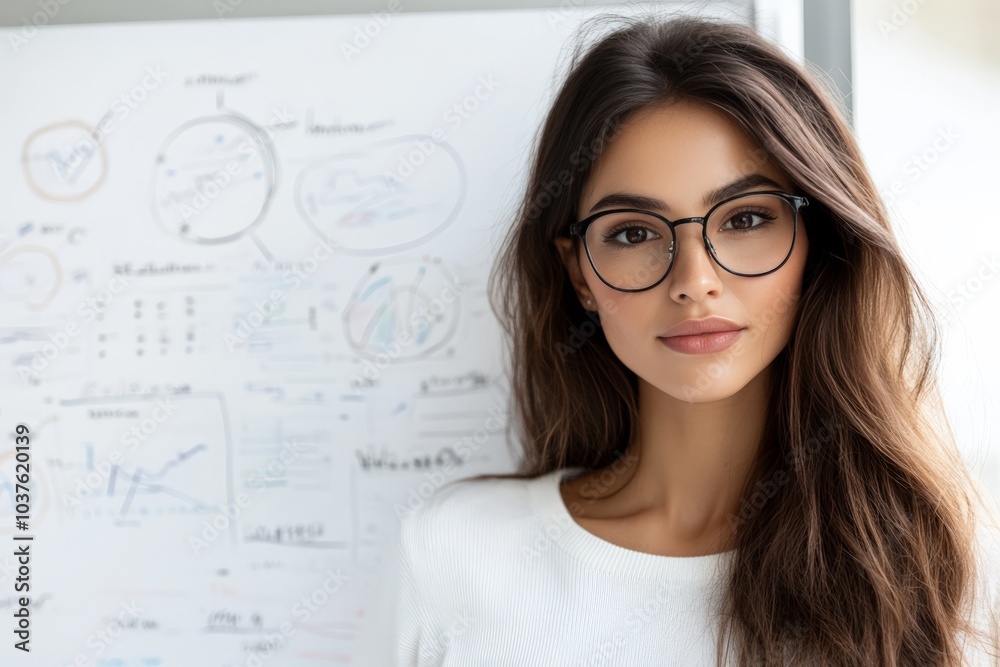 A confident woman with glasses stands by a whiteboard full of diagrams, symbolizing intelligence and modern professionalism in a bright office setting. A confident woman with glasses stands by a whiteboard full of diagrams, symbolizing intelligence and modern professionalism in a bright office setting.