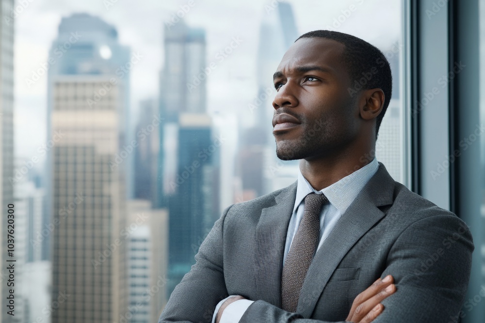 A confident businessman in a gray suit stands with arms crossed, gazing intently at a tall city skyline through a large window, exuding determination and focus.
