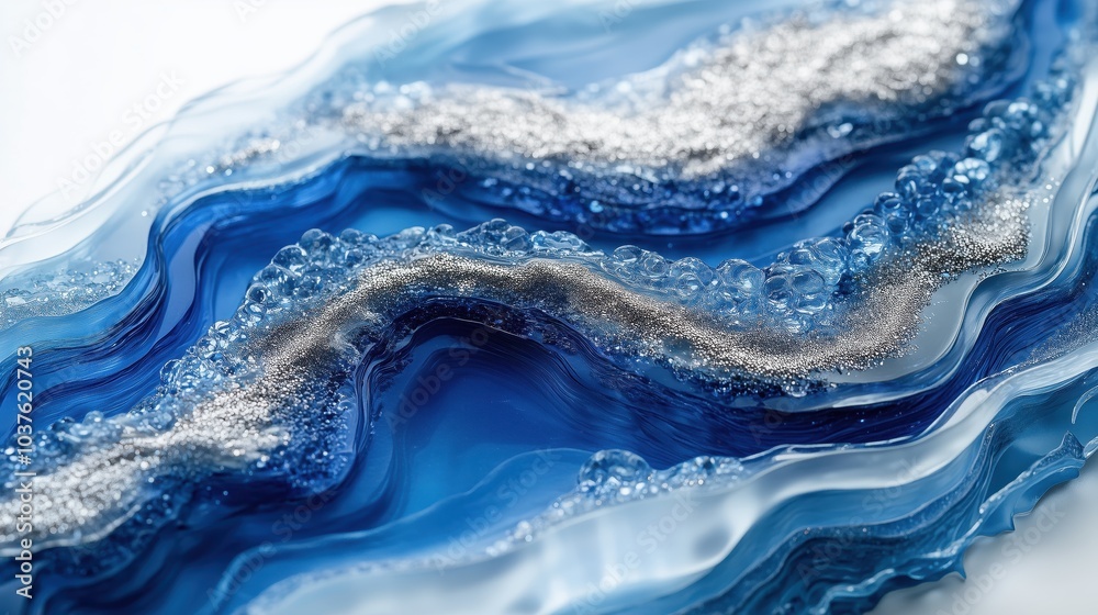 Fototapeta premium Captivating ocean-inspired abstract epoxy resin art with sapphire blue and shimmering silver wave patterns