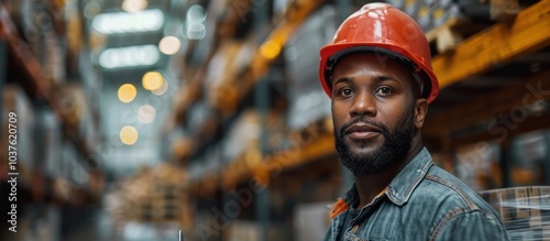 Portrait of a warehouse worker in a red hard hat looking at the camera with a focused expression.