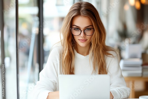 A focused young woman wearing glasses works intently on a laptop inside a cozy café, capturing modern multitasking and dedication in a digital age setting.