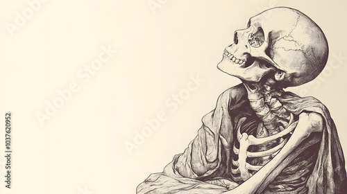 Detailed Anatomical Illustration of a Human Skeleton Looking Up, Displaying Bone Structure and Musculature