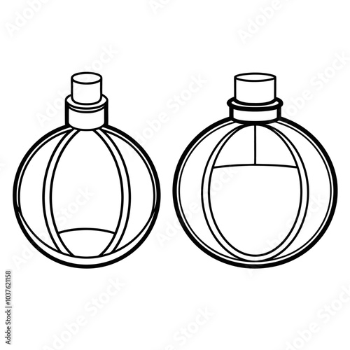 Perfume glass bottle realistic transparent, abstract geometric technical, blank white cosmetic cone shape bottle cap vector illustration