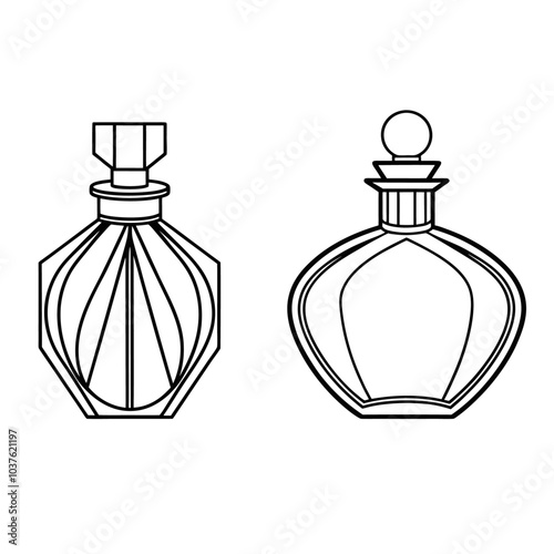 Perfume glass bottle realistic transparent, abstract geometric technical, blank white cosmetic cone shape bottle cap vector illustration