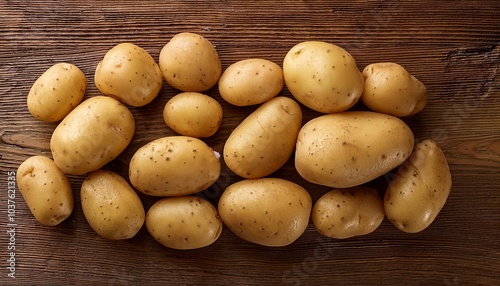  Fresh potatoes displayed on a wooden surface, viewed from above, showcasing their natural texture and color